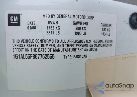 2006 Chevrolet Cobalt Lt z USA, uszkodzony, nr VIN 1G1AL55F867762555